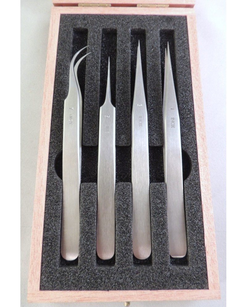 HOROTEC 12.381 - Coffret bois avec 4 brucelles en acier inoxydable