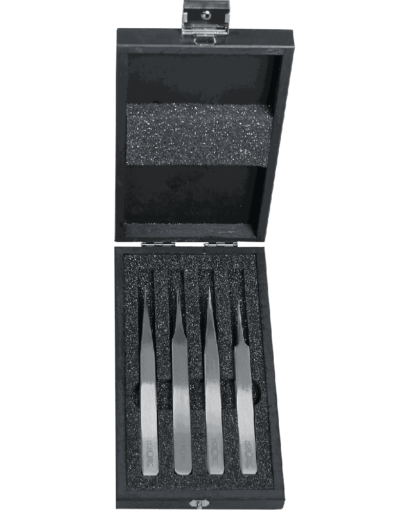 HOROTEC 12.388 - Coffret bois avec 4 brucelles antimagnétiques acier 904L