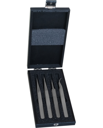 HOROTEC 12.382 - Coffret bois avec 4 brucelles antimagnétiques en acier inoxydable