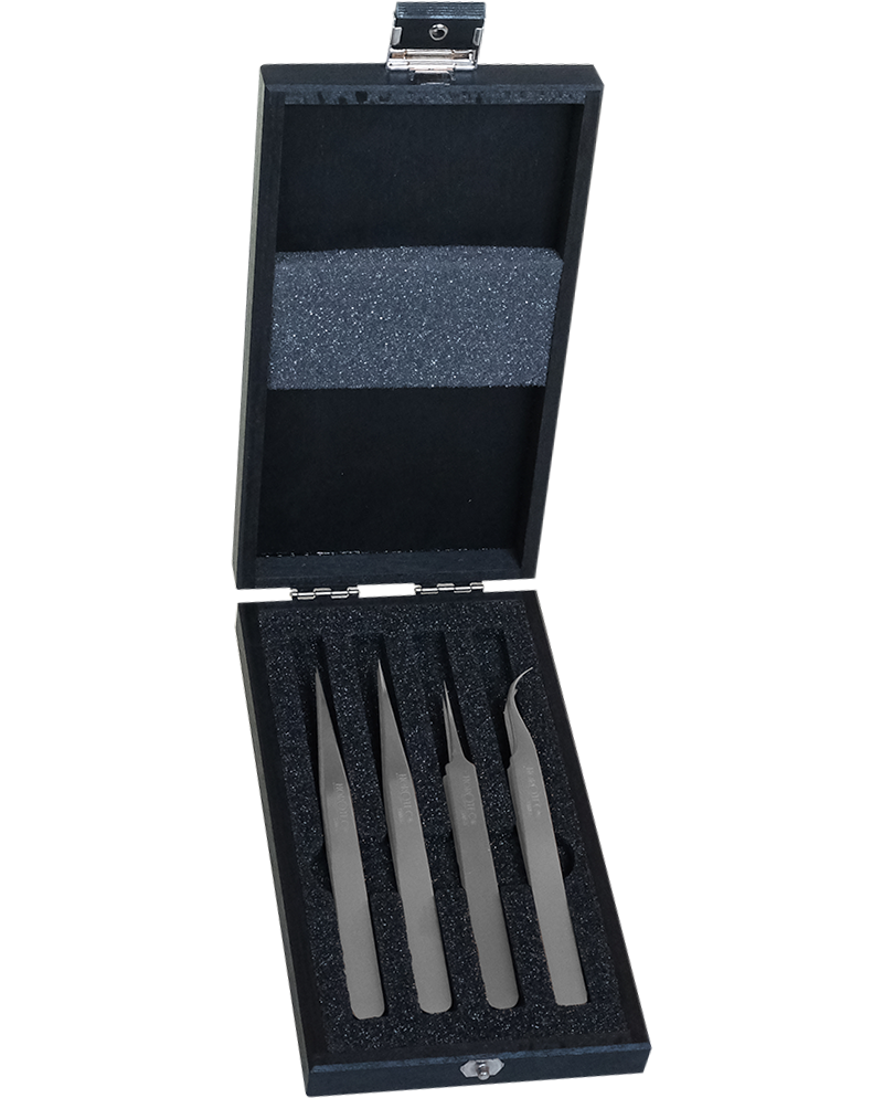 HOROTEC 12.382 - Coffret bois avec 4 brucelles antimagnétiques en acier inoxydable