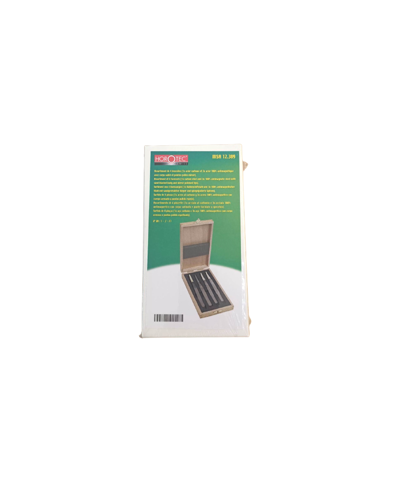 HOROTEC 12.389 - Coffret bois avec 4 brucelles acier carbone et antimagnétique
