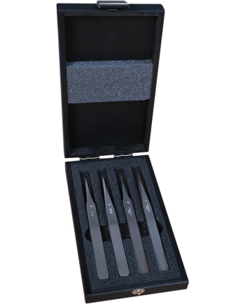 HOROTEC 12.385 - Coffret bois avec 4 brucelles acier inox et antimagnétique