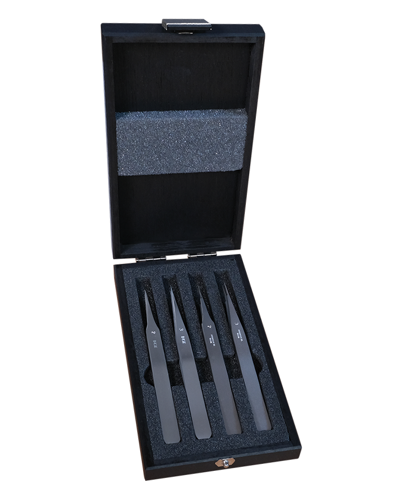 HOROTEC 12.385 - Coffret bois avec 4 brucelles acier inox et antimagnétique