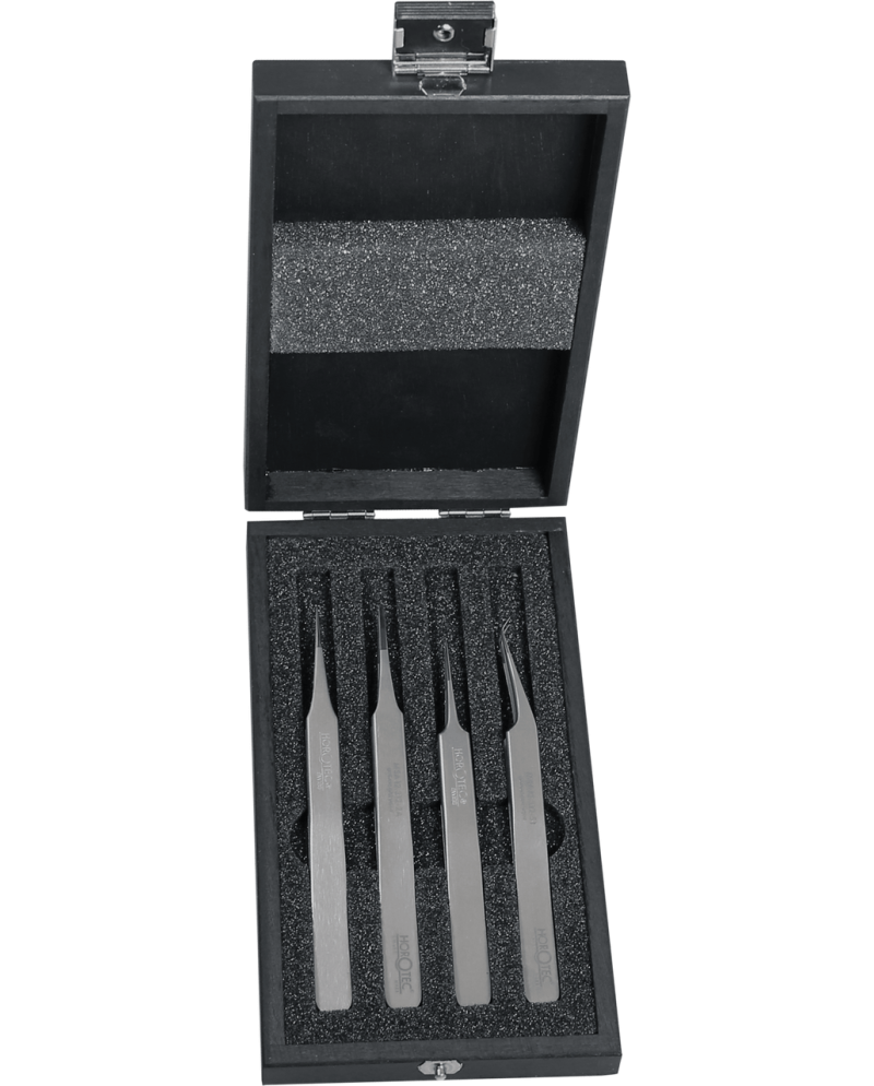 HOROTEC 12.383 - Coffret bois avec 4 brucelles acier 100 % antimagnétique