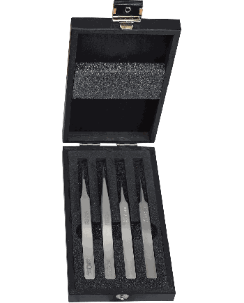 HOROTEC 12.390 - Coffret bois avec 4 brucelles acier 100 % antimagnétique