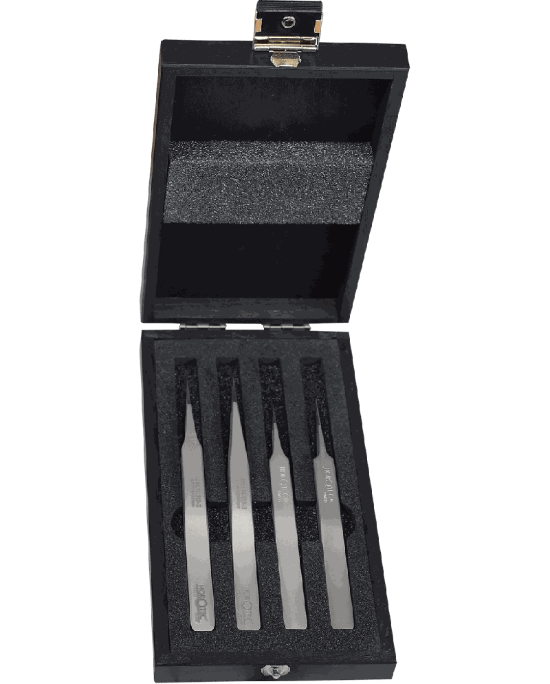 HOROTEC 12.390 - Coffret bois avec 4 brucelles acier 100 % antimagnétique