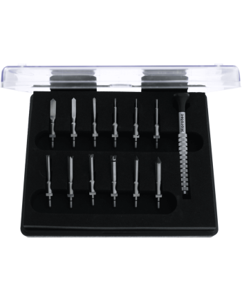 HOROTEC 22.577 - Coffret de fraises à ébavurer et ébiser en acier trempé avec manche