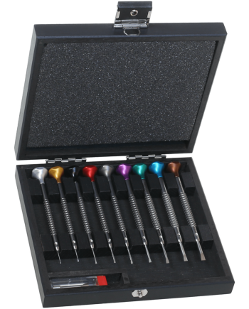 HOROTEC 01.218-A - Coffret en bois de 9 tournevis d'horloger avec mèches de rechange