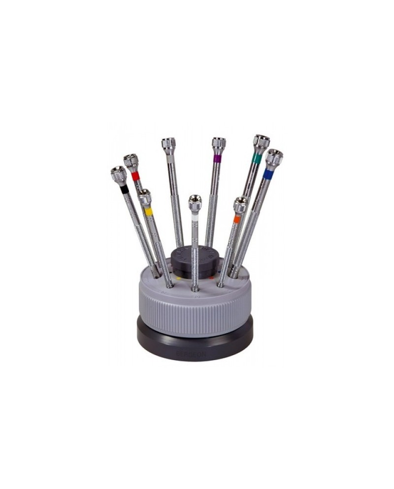 BERGEON 5970 - Socle tournant avec 9 tournevis d'horloger en laiton chromé