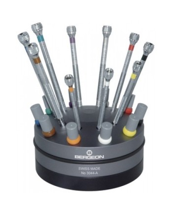 BERGEON 3044-A - Socle tournant avec 10 tournevis d'horloger en laiton chromé