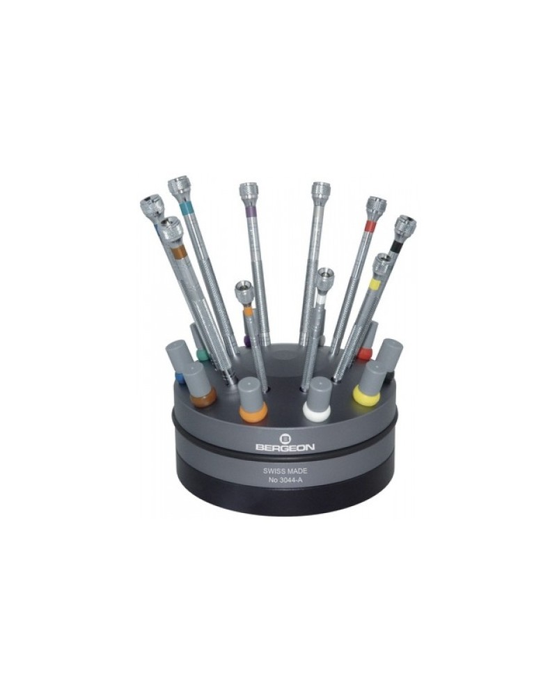 BERGEON 3044-A - Socle tournant avec 10 tournevis d'horloger en laiton chromé