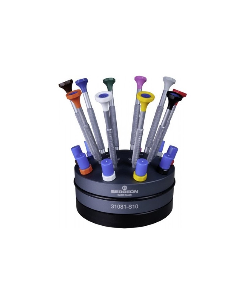 BERGEON 31081-S10 - Socle tournant avec 10 tournevis d'horloger amagnétiques