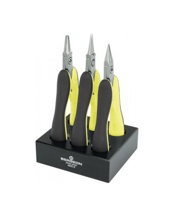 BERGEON 3630 - Assortiment de 3 pinces en acier sur socle
